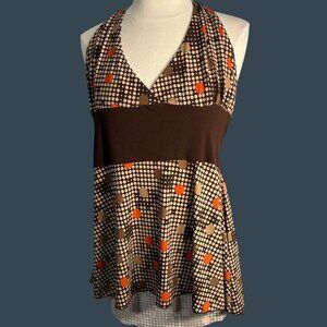 Brown & Orange Halter Top With Polka Dot & Heart Print By Fashion Exit